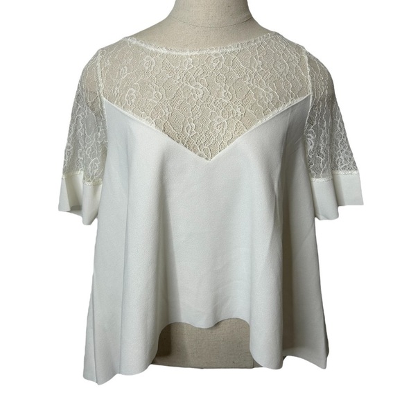Zara White Short Sleeve Contrast Lace V-Neck Flowy Crop Blouse Size Medium - Picture 7 of 16